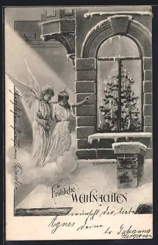 Künstler-AK Charles Scolik: Englein vor Fenster mit Tannenbaum, Weihnachtsgruss