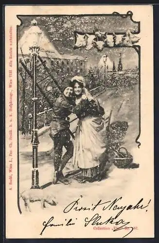 Künstler-AK Charles Scolik: Schornsteinfeger mit Leiter und Frau bei Schneefall