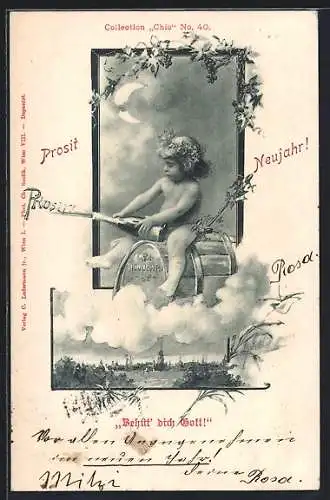 Künstler-AK Charles Scolik: Nacktes Kind auf Fass mit Sektflasche, Landschaft, Neujahrsgruss