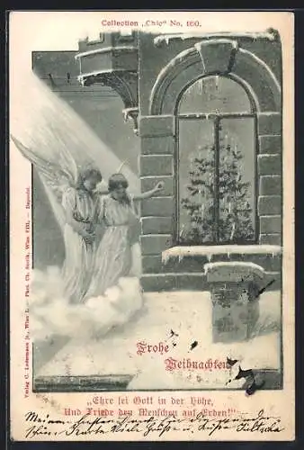 Künstler-AK Charles Scolik: Englein vor Fenster mit Tannenbaum, Weihnachtsgruss