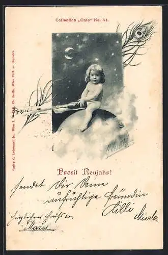 Künstler-AK Charles Scolik: Nacktes Kind auf Weltkugel bei Mondschein, Neujahrsgruss