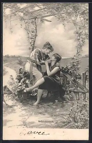 Künstler-AK Charles Scolik: Liebespaar an einem Zaun