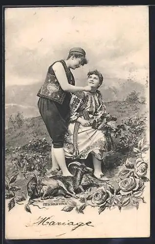 Künstler-AK Charles Scolik: Pärchen in Tracht mit Gämsen