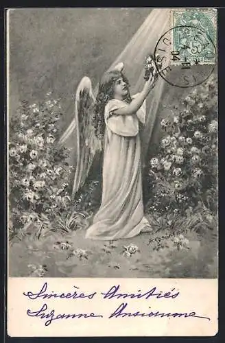 Künstler-AK Charles Scolik: Engel an einem Rosenstrauch