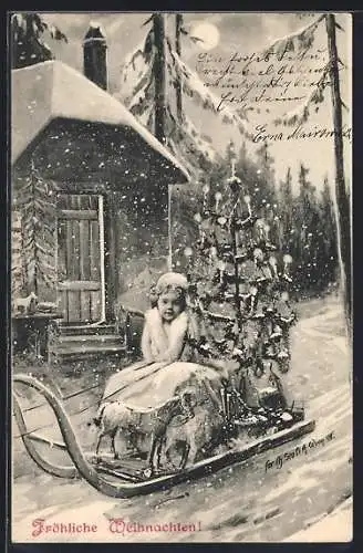 Künstler-AK Charles Scolik: Kind mit Schaukelpferd und Tannenbaum auf Schlitten, Weihnachtsgruss