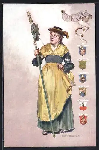 Künstler-AK Frau in Volkstracht aus Pinzgau, Wappen