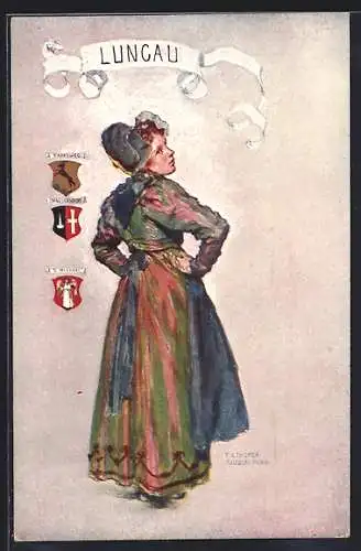 Künstler-AK Hübsche Dame in Volkstracht aus Lungau, Wappen