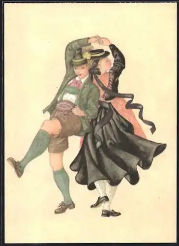Künstler-AK Tanzendes Paar in Flachgauer Trachten