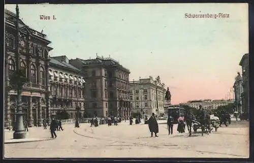AK Wien, Schwarzenberg-Platz mit Strassenbahn, Pferdewagen und Passanten