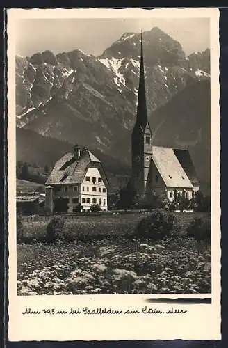 AK Saalfelden am Stein. Meer, Alm, Kirche u. Haus mit Gipfelpanorama