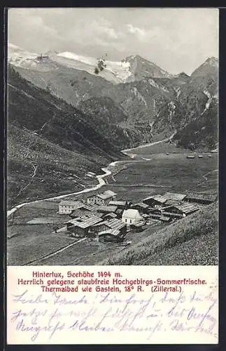 AK Hintertux, Gesamtansicht mit Gebirgspanorama aus der Vogelschau