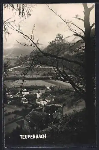 AK Teufenbach, Ortsansicht mit Kirche und Bergpanorama