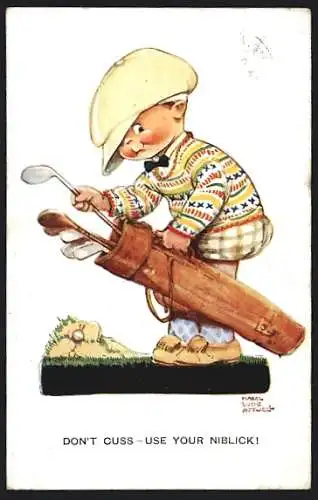 Künstler-AK Mabel Lucie Attwell: Kleiner Junge mit Golfschlägern