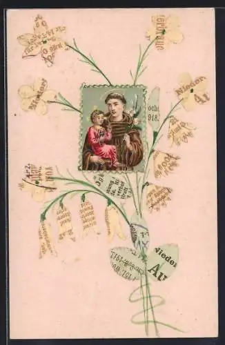 AK Mönch mit Christkind und weisser Lilie, Briefmarkencollage mit Blumen