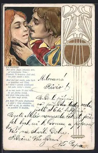 Künstler-AK Camil Vladislav Muttich: Liebespaar im Jugendstil-Passepartout