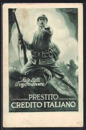 Künstler-AK Mauzan: Prestito Credito Italiano, Soldat mit Gewehr, Kriegsanleihe