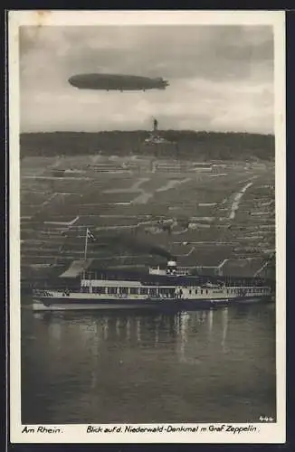 AK Zeppelin-Fahrt über den Rhein, Blick zum Niederwald-Denkmal