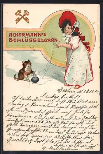 AK Reklame für Ackermann`s Schlüsselgarn, Mädchen spielt mit Katze
