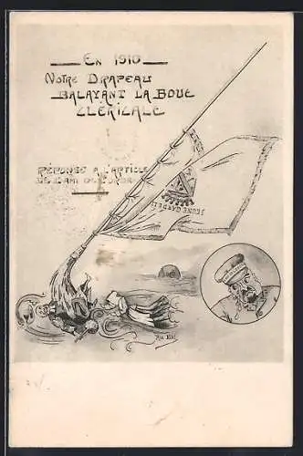 Künstler-AK Fahne fegt Pfarrer beiseite, Notre Drapeau balayant la Boue Cléricale