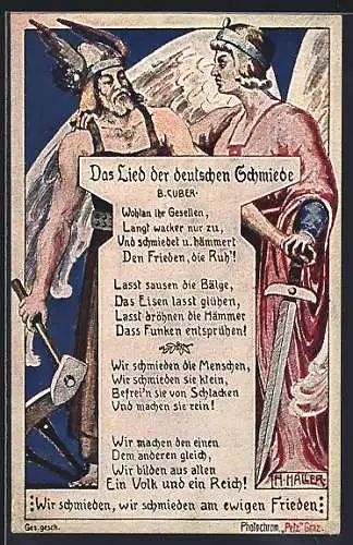 Künstler-AK sign. H. Haller: Das Lied der deutschen Schmiede, Germanenkult