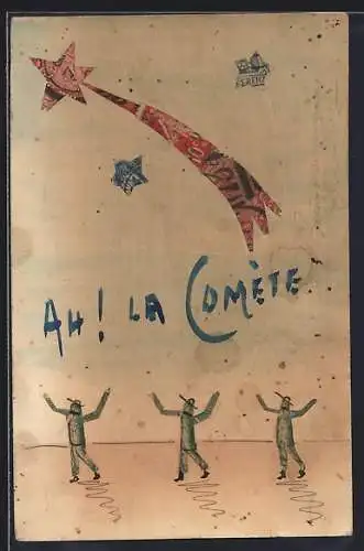 AK Drei Figuren unter einer Sternschnuppe, Briefmarkencollage