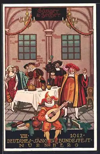 AK Nürnberg, VIII. Deutsches Sängerbundfest 1912, historische Szene Sänger & Zecher