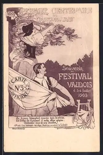 Künstler-AK Schweiz, Premier Centenaire du Canton de Vaud 1903, Souvenir du Festival Vaudois 1903, Paar mit Flagge
