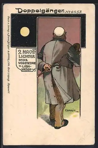 Künstler-AK F. Gareis: Mann mit Glatze im Mondlicht, Doppelgänger