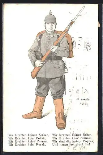 Künstler-AK P. O. Engelhard (P.O.E.): Feldgrauer mit Pickelhaube fürchtet keinen Feind
