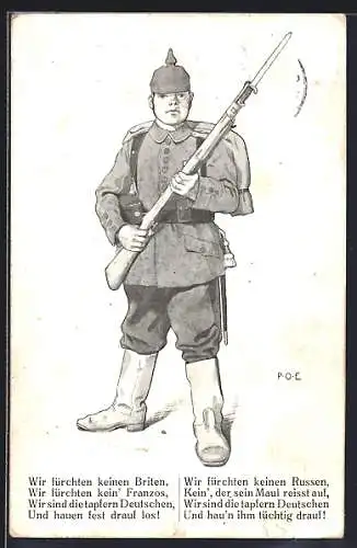 Künstler-AK P.O.Engelhard (P.O.E.): Deutscher Infanteriesoldat, Wir sind die tapfern Deutschen