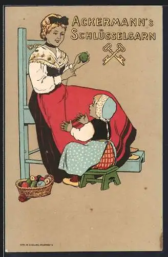 Künstler-AK Reklame für Ackermann`s Schlüsselgarn, Mutter mit Kind