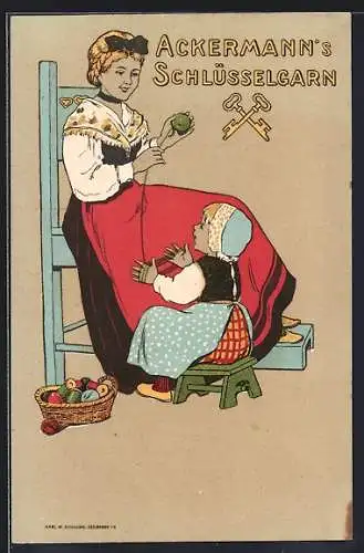 AK Reklame für Ackermann`s Schlüsselgarn, Mutter und Kind mit Nähkiste