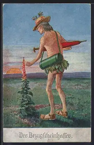 Künstler-AK sign. Carl Zinn: Der Bezugscheinhasser, Naturmensch während der Kriegsnot