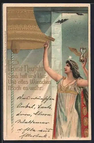 AK Prosit Neujahr!, Frau läutet Glocke