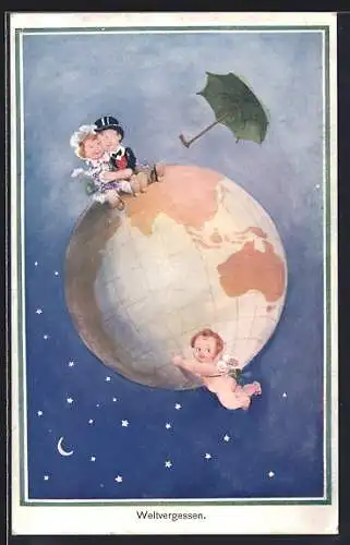 Künstler-AK Amor und kleines Liebespaar auf dem Globus