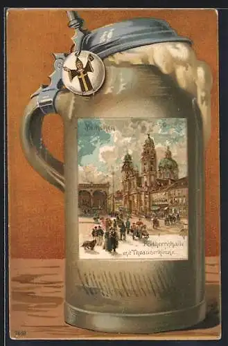 AK München, Feldherrnhalle mit Theatinerkirche auf Bierkrug