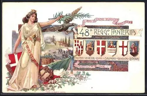 AK 48. Reggimento Fanteria, Schutzpatronin mit Wappen, Soldaten im Sturmangriff