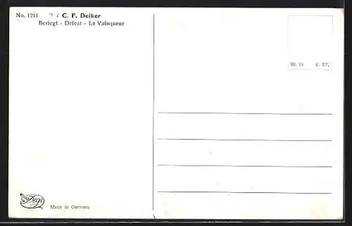 Künstler-AK Degi Nr. 1211: Röhrender Hirsch gibt seinen Sieg bekannt, Besiegt, Ölgemälde-Imitations-AK