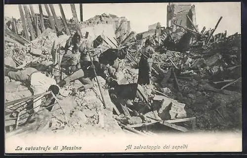 AK Messina, Al salvataggio dei sepolti, Suche nach Überlebenden des Erdbeben's 1908
