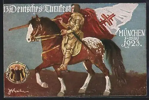 Künstler-AK München, 13. Deutsches Turnfest 1923, Ritter mit Flagge
