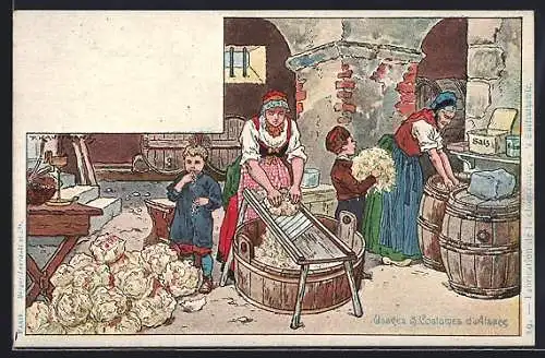 Künstler-AK sign. P. Kauffmann: Frauen bei der Herstellung von Sauerkraut, Elsass-lothringische Tracht