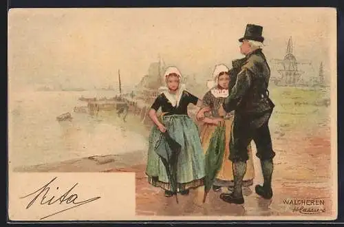 Künstler-AK H. Cassiers: Walcheren, Mann & zwei Frauen in Tracht am Fluss