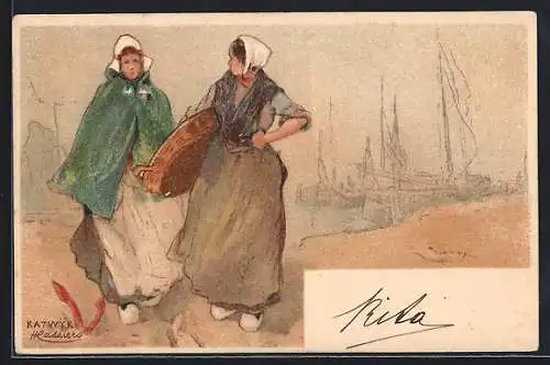 Künstler-Lithographie Henri Cassiers: Katwijk, Frauen in Tracht, Niederlande