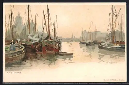 Künstler-AK Henri Cassiers: Amsterdam, Fischerboote im Hafen