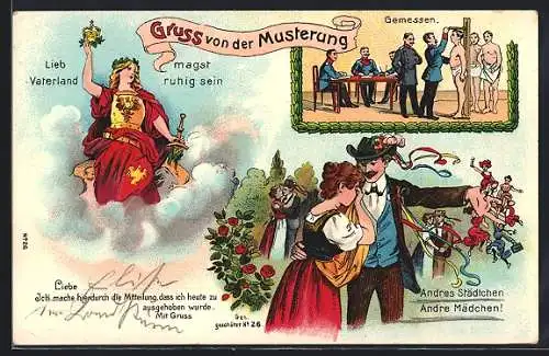 AK Gruss von der Musterung, Männer verabschieden sich von ihren Frauen, Germania