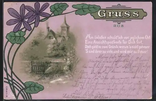 Lithographie Blick auf eine Kirche im Dorf, Blumen