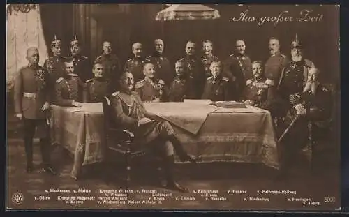 AK Aus grosser Zeit, Kaiser Wilhelm II. mit seinen Heerführern am Tisch, v. Mackensen, v. Emmich