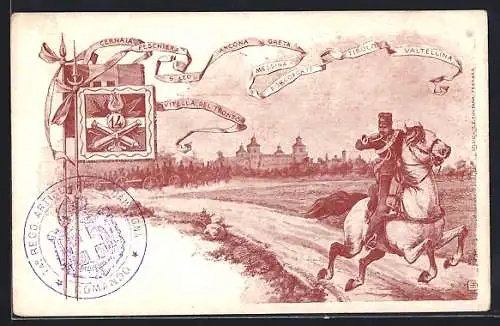 AK Cernaia, Meldereiter mit Fanfare im Galopp, Regimentsfahne Artillerieregiment 14