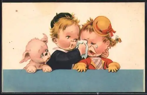 AK Hund weint mit Mädchen, Knabe trocknet die Tränen
