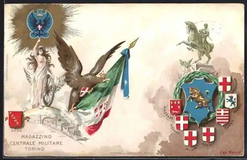 Lithographie Torino, Magazzino Centrale Militare, Adler mit Flagge, Wappen
